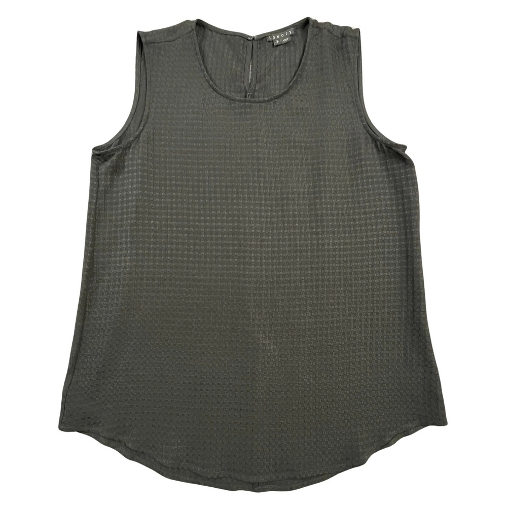 Theory Bringala Silk Tank Top S Black Jacquard Waffle Weave Scoop Neck SS Shirt